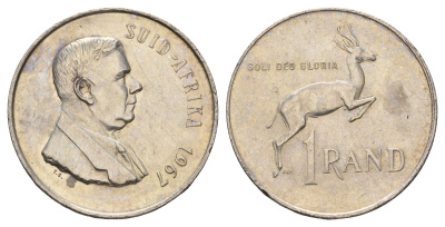 ЮАР 1 ранд 1967 Первая годовщина смерти Хендрика Фервурда, надпись на африкаанс - "SUID-AFRIKA" KM 72.2 серебро 441-423