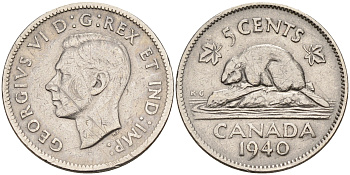 Канада 5 центов 1940 бобр, Георг VI (1937-1952) KM 33 никель    4595-626