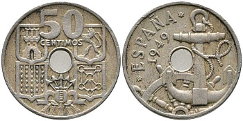 ИСПАНИЯ 50 СЕНТИМО 1949 (51) ФРАНСИСКО ФРАНКО ДИКТАТОР ИСПАНИИ (1939-1975), МОРСКАЯ АТРИБУТИКА KM 777 медно-никель 110-941