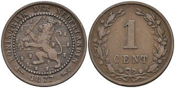 Нидерланды 1 цент 1877 Виллем III (1849-1890) KM 107 бронза 4576-524