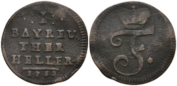 Бранденбург-Байрейт 1 геллер 1752 Фридрих III (1735-1763) KM 205, Slg. Wilmersdoorffer 784 медь 54-648