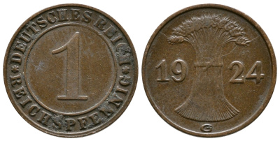 ГЕРМАНИЯ 1 РЕЙХСПФЕННИГ 1924 G KM 37, J.313 бронза 4380-1113
