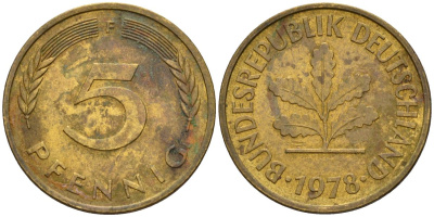 ФРГ 5 пфеннигов 1978 F KM 107, J.382 сталь плакированная латунью 4152-552