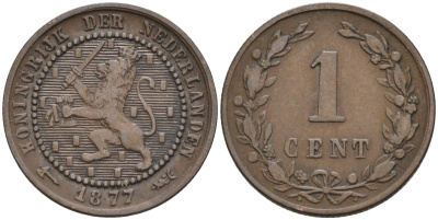 Нидерланды 1 цент 1877 Виллем III (1849-1890) KM 107 бронза 4576-524
