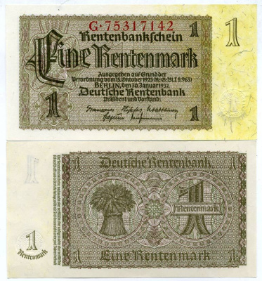 Германия 1 рентенмарка 1937 30 января 1937, восемь цифр в номере, серия G Pick 173b, Rosenberg 166b бумага UNC (пресс) 450-30-1