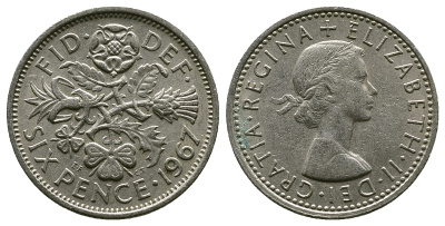 Великобритания 6 пенсов 1967 Елизавета II (1952-2022) KM 903, Spink 4149 медно-никель 4381-859