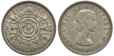 Великобритания 2 шиллинга (флорин) 1967 Елизавета II (1952-2022) KM 906 Spink 4146 медно-никель VG 4185-644