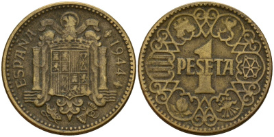 Испания 1 песета 1944 Национальное правительство (1939-1947) KM 767 алюминиевая бронза 4189-711