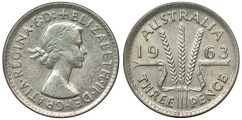 Австралия 3 пенса 1963 m, Елизавета II (1952-2022) KM 57 серебро 71-867