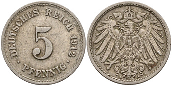 Германия 5 пфеннигов 1912 A KM 11, J. 12 медно-никель 4151-531