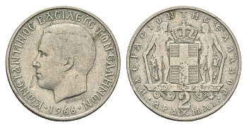 Греция 2 драхмы 1966 Константин II (1966-1973) KM 90 медно-никель    4660-721