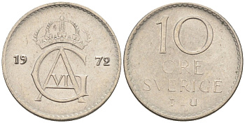 Швеция 10 эре 1972 Густав VI Адольф (1950-1973) KM 835 медно-никель UNC 4585-423