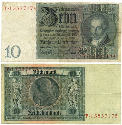 Германия 10 рейхсмарок 1929 Альбрехт Д. Тэер, буква E, серия A Pick 180a, Ros. 173е  бумага   7203-29-2-1