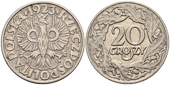 Польша 20 грошей 1923 Республика KM 12, Parchimowicz 105 никель 4580-641