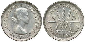 Австралия 3 пенса 1961 m, Елизавета II (1952-2022) KM 57 серебро 71-761