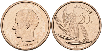Бельгия 20 франков 1981 Belgie KM 160 никель бронза UNC 189-943