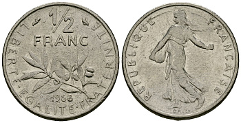 Франция 1/2 франка 1968 сеятель KM 931 никель 4135-652