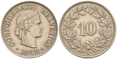 Швейцария 10 раппенов 1943 В KM 27 медно-никель 188-732