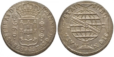 Бразилия 960 рейс 1814 В, монетный двор Бахия (Bahia), перечекан, патина, Жоао принц-регент (1799-1818) KM 307.1 серебро 00-815-17