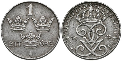 Швеция 1 эре 1942 Густав V (1907-1950) KM 810 железо 4549-1068