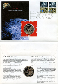 Нидерланды 1 экю 1994 Высадка на Луну, в оригинальном конверте, с марками, первый день гашения X 201 медно-никель BU 4-3-8-22
