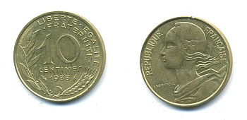 ФРАНЦИЯ 10 САНТИМОВ 1988 ТИП MARIANNE KM 929 медь алюминий никель 84-1636