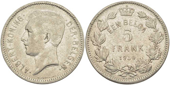 БЕЛЬГИЯ 5 ФРАНКОВ 1930 АЛЬБЕРТ I, DER BELGEN KM 98 никель 3851-315