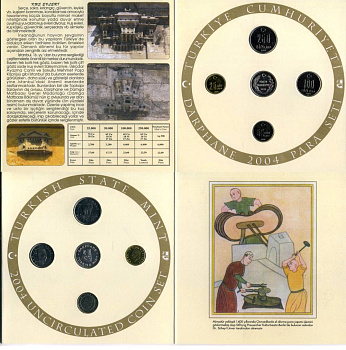 Турция официальный набор из 4 монет + жетон 2004 25000, 50000, 100000 и 250000 лир, буклет  медно-никель  UNC 1181-2-14