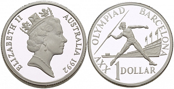 Австралия 1 доллар 1992 XXV Олимпийские игры 1992 года в Барселоне, копьеметательница, женский спорт KM 175a.1 серебро PROOF 272-521