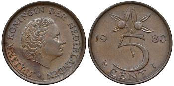 Нидерланды 5 центов 1980 Юлиана (1948-1980) KM 181 бронза 71-155