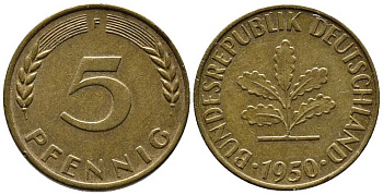 ФРГ 5 ПФЕННИГОВ 1950 F KM 107, J. 382 сталь плакированная латунью 39-1247