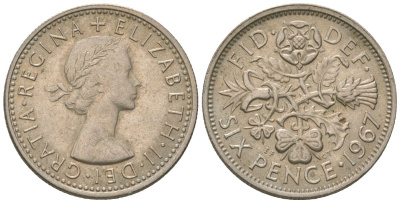 Великобритания 6 пенсов 1967 Елизавета II (1952-2022) KM 903, Spink 4149 медно-никель 4615-1028