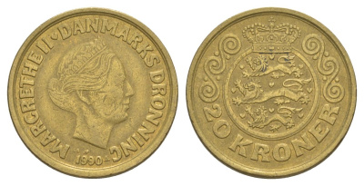 Дания 20 крон 1990 KM 871 алюминиевая бронза 4633-625