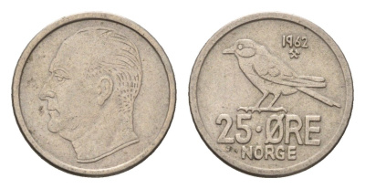 Норвегия 25 эре 1962 Улаф V (1957-1991) KM 407 медно-никель 4702-269