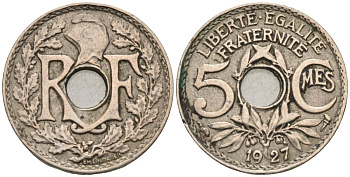 Франция 5 сантимов 1927 тип Lindauer, Petit Module, редкая KM 875, Le Franc 122.12 медно-никель 4580-1151