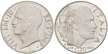 ИТАЛИЯ 20 ЧЕНТЕЗИМО 1941 R, ГОД XIX, ВИКТОР ЭММАНУИЛ III (1900-1946) KM 75b, VEM3. 1028 нержавеющая сталь 3853-837