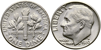 США 10 центов = дайм 1980 D, Рузвельт KM 195а медь плакированная медно-никелем 53-148