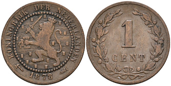 Нидерланды 1 цент 1878 Виллем III (1849-1890) KM 107 бронза 4576-539
