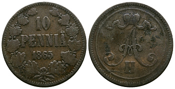 РОССИЯ ДЛЯ ФИНЛЯНДИИ 10 ПЕННИ 1865 АЛЕКСАНДР II Биткин 651 медь 4382-844