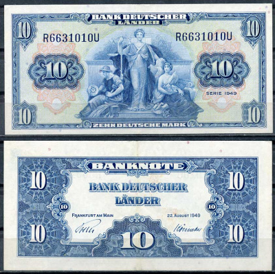 ФРГ 10 марок 1949 22 августа 1949 Pick 16a, Розенберг 258 бумага 451-683-3