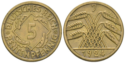 Германия 5 рентенпфеннигов 1924 J, KM 32, J. 308 алюминиевая бронза 4164-664
