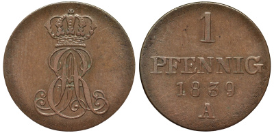 Ганновер 1 пфенниг 1839 A, Эрнст Август (1837-1851) KM 173.1, AKS 126, J. 54 медь 75-958