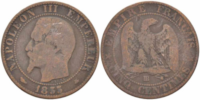 Франция 5 сантимов 1855 BB, Наполеон III (1852-1870) KM 777.3, LE FRANC 116.20 бронза 108-343