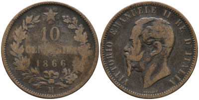 ИТАЛИЯ 10 ЧЕНТЕЗИМО 1866 М, ВИКТОР ЭММАНУИЛ II (1861-1878) KM 11.1 медь 32-936