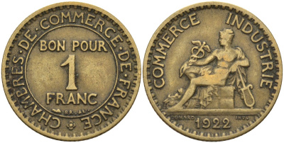 Франция 1 франк 1922 KM 876, Le Franc 218.5 алюминиевая бронза 4142-623