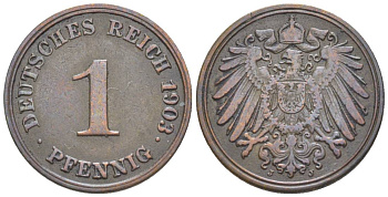 ГЕРМАНИЯ 1 ПФЕННИГ 1903 J KM 10, Jager. 10, Weege 2 медь 4528-1221