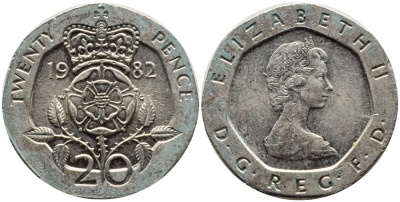 Великобритания 20 пенсов 1982 Елизавета II (1952-2022) KM 931, Spink 4230 (G1) медно-никель 4393-317