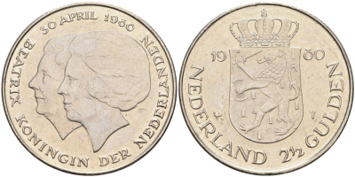 Нидерланды 2 1/2 гульдена 1980 коронация Беатрикс, 30 апреля 1980 KM 201 никель 4587-1022