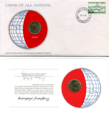 ФИНЛЯНДИЯ 20 ПЕННИ 1978 конверт с маркой первого дня гашения, Coins of Nations KM 47 алюминиевая бронза UNC 4294-23-3