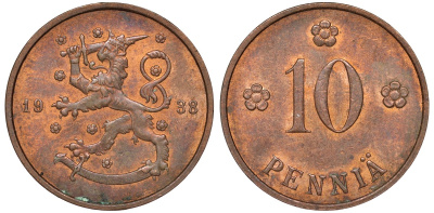 Финляндия 10 пенни 1938 KM 24 медь 51-3034